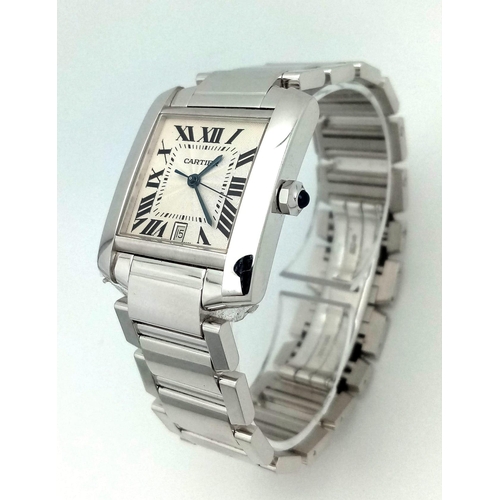 130 - An 18K White Gold Cartier Francaise Tank Automatic Gents Watch. 18k gold bracelet and case - 28mm wi... 