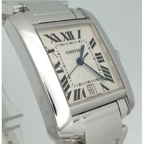 130 - An 18K White Gold Cartier Francaise Tank Automatic Gents Watch. 18k gold bracelet and case - 28mm wi... 