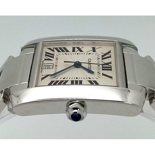 130 - An 18K White Gold Cartier Francaise Tank Automatic Gents Watch. 18k gold bracelet and case - 28mm wi... 