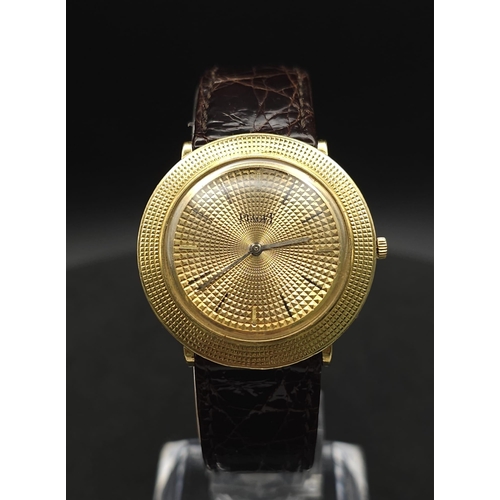 22 - A Vintage 18K Gold Piaget Gents Watch with Hypnotic Dial. Brown crocodile strap. 18k gold case - 30m... 