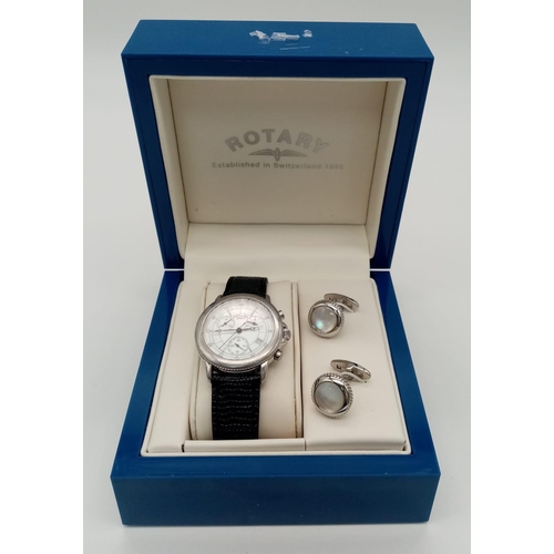 634 - A Unisex Rotary Quartz Date Watch with Second Dial Mother of Pearl Face with Matching Cufflinks in O... 