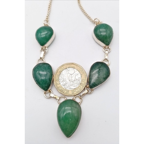 642 - An Excellent Condition Sterling Silver and Adventurine Gemstone Set Statement Necklace. 52cm Length.... 