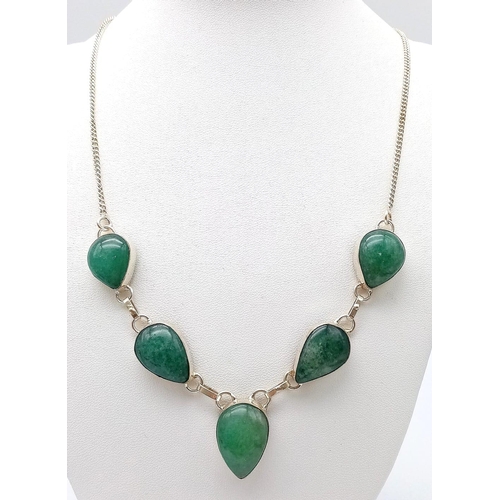 642 - An Excellent Condition Sterling Silver and Adventurine Gemstone Set Statement Necklace. 52cm Length.... 