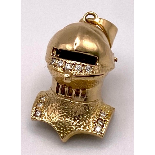 695 - A 9K Gold and Diamond Knights Helmet Pendant! 3cm. 6.2g total weight.