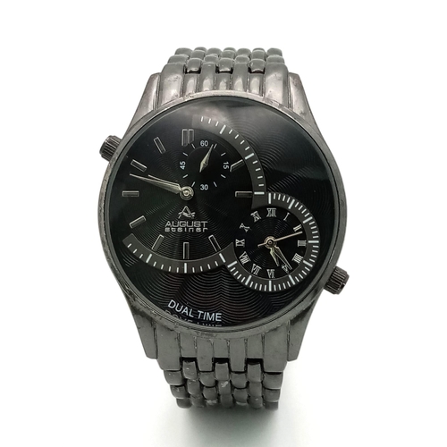 789 - An Unworn Men’s Black Finish Dual Time Watch by August Steiner. 
48mm Including Crowns. 
Comes with ... 