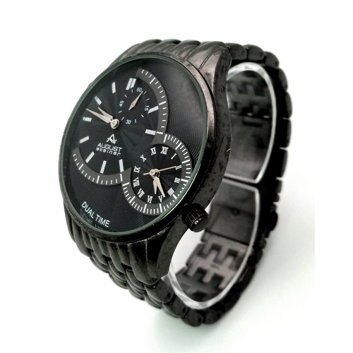 789 - An Unworn Men’s Black Finish Dual Time Watch by August Steiner. 
48mm Including Crowns. 
Comes with ... 