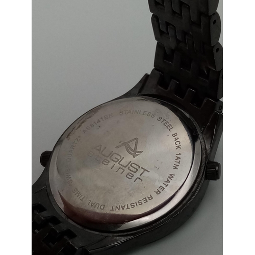 789 - An Unworn Men’s Black Finish Dual Time Watch by August Steiner. 
48mm Including Crowns. 
Comes with ... 