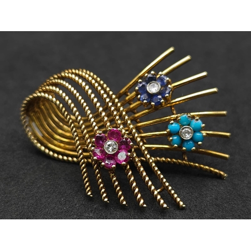 954 - A 18kt Yellow Gold Woven Design Floral Brooch.
Features three diamond centred flowers, which consist... 