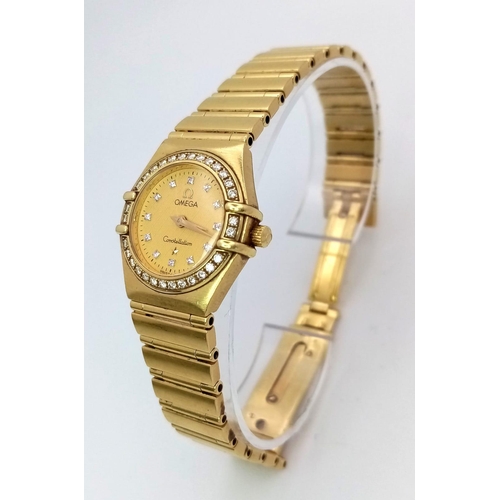 114 - An Omega 18K Yellow Gold Constellation Ladies Watch. 18K gold bracelet and case - 23mm. Gold tone di... 