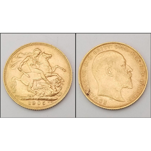 127 - A 22K GOLD SOVEREIGN DATED 1905 ( EDWARD VII REIGN)
IN GOOD CONDITION.