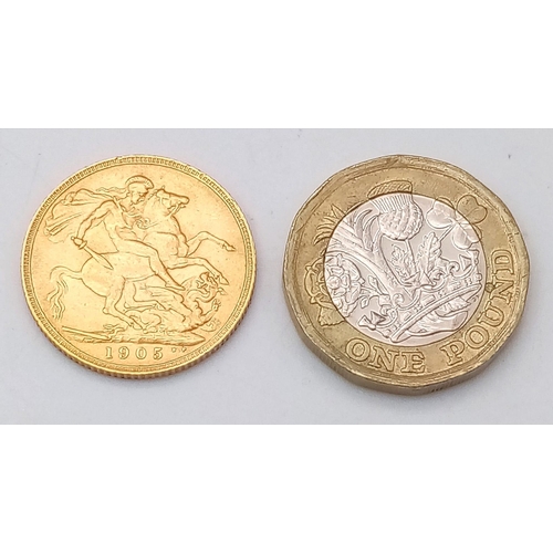 127 - A 22K GOLD SOVEREIGN DATED 1905 ( EDWARD VII REIGN)
IN GOOD CONDITION.