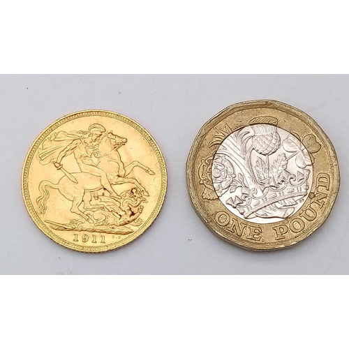 156 - A 22 K yellow gold sovereign with King George V, very good definition and full weight 8 g.