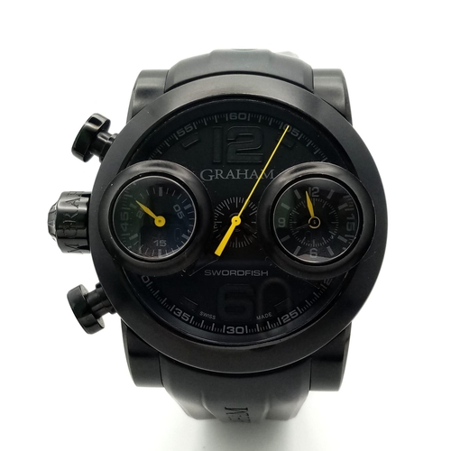 340 - A Graham Swordfish Chronograph Automatic Gents Watch. Black rubber strap. rubber and steel case - 48... 