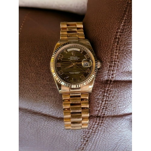 37 - Rolex DayDate 18k Rose Gold 118205F 2012 with card and spare link, in full working order. No Box, Be... 