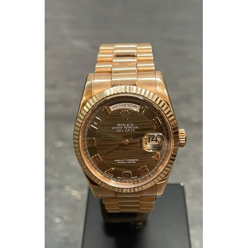 37 - Rolex DayDate 18k Rose Gold 118205F 2012 with card and spare link, in full working order. No Box, Be... 