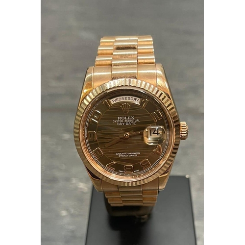 37 - Rolex DayDate 18k Rose Gold 118205F 2012 with card and spare link, in full working order. No Box, Be... 