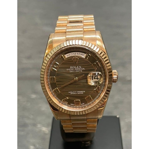 37 - Rolex DayDate 18k Rose Gold 118205F 2012 with card and spare link, in full working order. No Box, Be... 