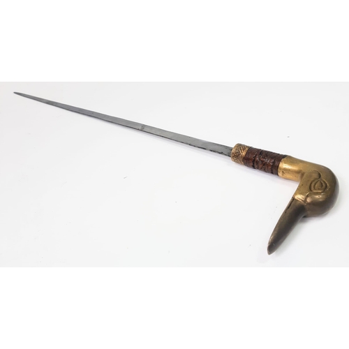 39 - An Antique, Rare Design, Concealed Sword Stick with Duck Shape Brass Handle. 
Brass Ferrule Turns to... 