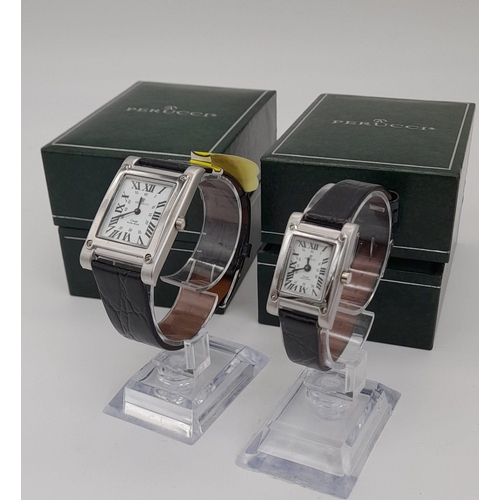 627 - A Pair of Matching Unworn ‘His and Hers’ Quartz, Tank Style, Watches by Perucchi. Come in original b... 