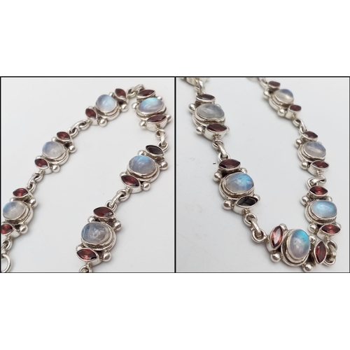 726 - A Vintage Sterling Silver Moonstone and Garnet Set Chain Link Bracelet. 19-21cm Length Fit. Set with... 