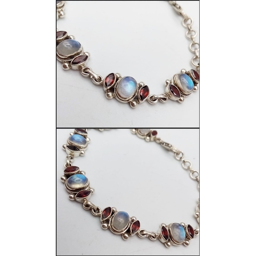 726 - A Vintage Sterling Silver Moonstone and Garnet Set Chain Link Bracelet. 19-21cm Length Fit. Set with... 