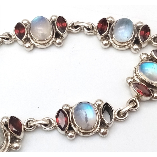 726 - A Vintage Sterling Silver Moonstone and Garnet Set Chain Link Bracelet. 19-21cm Length Fit. Set with... 