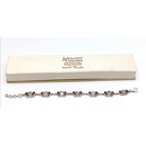 726 - A Vintage Sterling Silver Moonstone and Garnet Set Chain Link Bracelet. 19-21cm Length Fit. Set with... 