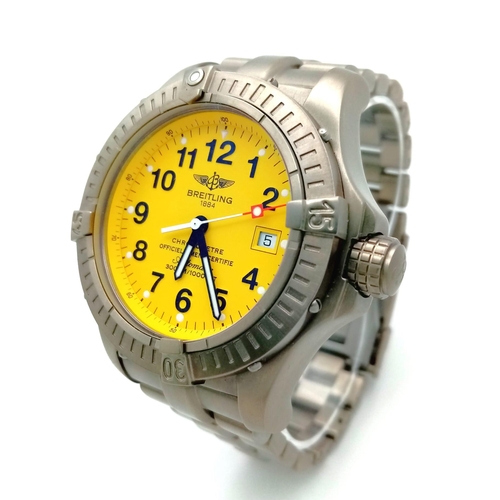 157 - A Breitling Avenger Seawolf Titanium Gents Watch. Titanium bracelet and case - 45mm. Yellow dial wit... 