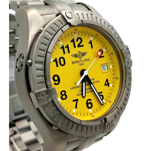 157 - A Breitling Avenger Seawolf Titanium Gents Watch. Titanium bracelet and case - 45mm. Yellow dial wit... 