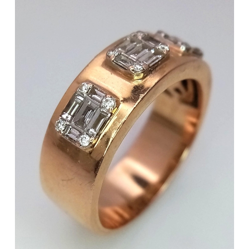 312 - An 18K Rose Gold Diamond Gents Ring. Three sections of baguette and round cut diamonds symbolizing t... 