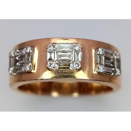 312 - An 18K Rose Gold Diamond Gents Ring. Three sections of baguette and round cut diamonds symbolizing t... 