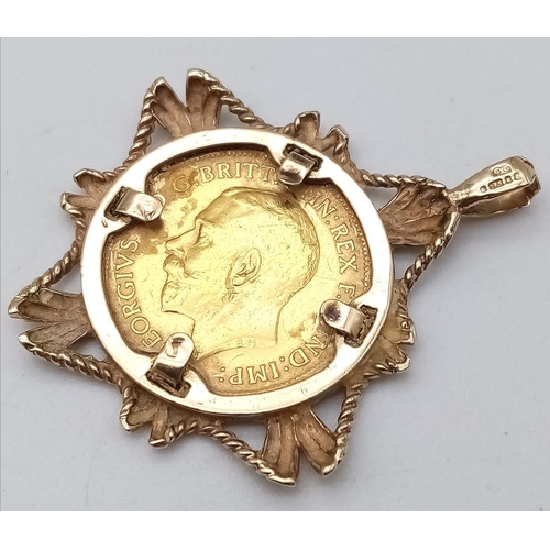 365 - A 9 K yellow gold pendant with a King George V sovereign, total weight: 7.7 g