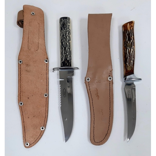 663 - Two Unused Brazilian ‘Tramontina’ Hunting Knives in Detailed Leather Sheathes.
23 & 25cm Lengths