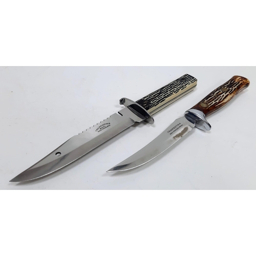 663 - Two Unused Brazilian ‘Tramontina’ Hunting Knives in Detailed Leather Sheathes.
23 & 25cm Lengths