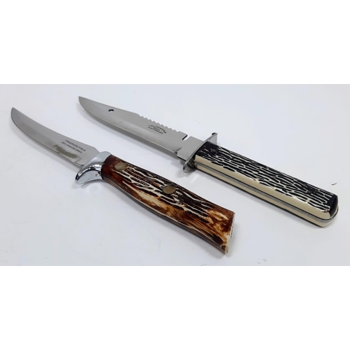 663 - Two Unused Brazilian ‘Tramontina’ Hunting Knives in Detailed Leather Sheathes.
23 & 25cm Lengths