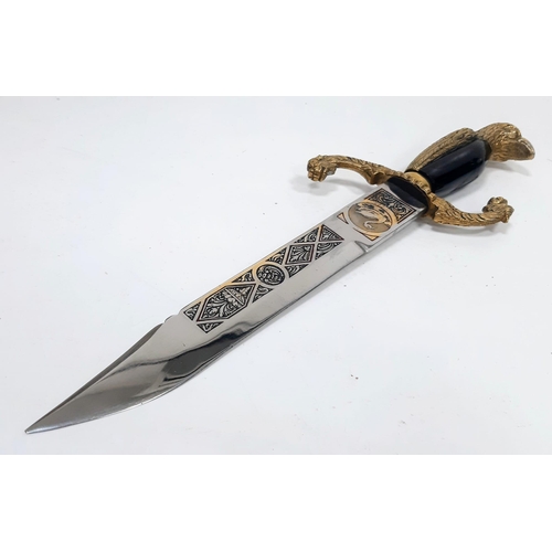 684 - A Vintage, Exquisitely Detailed, Heavy Gilt Eagle & Dragon Head Handle Presentation Knife. 
In Detai... 