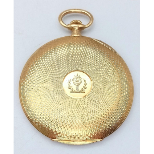 192 - An Asprey of London 18K Yellow Gold Slimline Pocket Watch. 
Engine turn pattern with engraved cartou... 