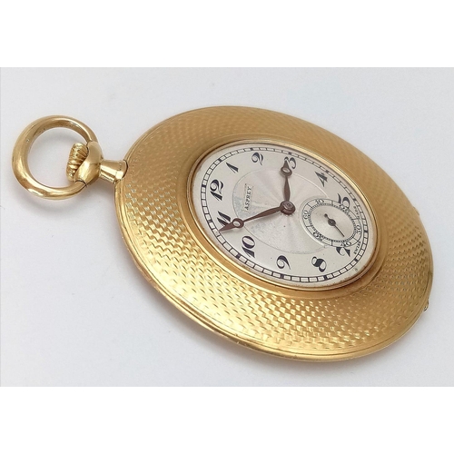 192 - An Asprey of London 18K Yellow Gold Slimline Pocket Watch. 
Engine turn pattern with engraved cartou... 