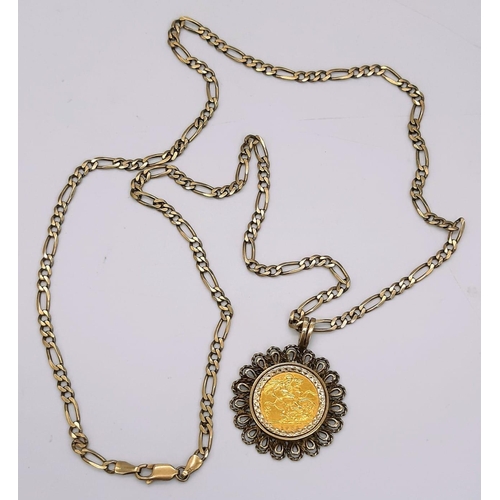 141 - A 9 K yellow gold elaborate pendant with a full sovereign of Queen Elizabeth II 1982, on a 9 K yello... 