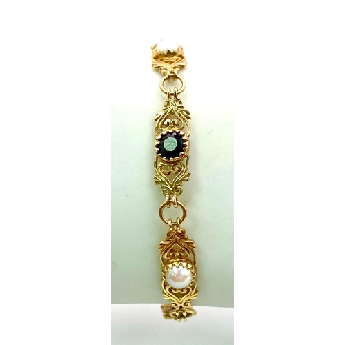 1721 - An Antique Style 9K Yellow Gold, Garnet and Pearl Bracelet. 
16cm. 5.67g total weight. Ref: 14665