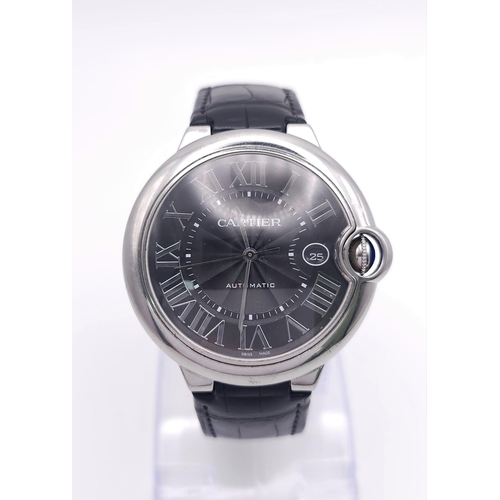 178 - A Cartier Balloon Bleu Automatic Gents Watch. Black leather strap. Stainless steel case - 42mm. Blac... 