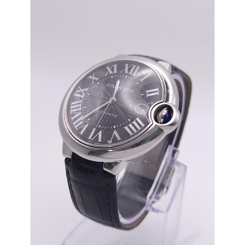 178 - A Cartier Balloon Bleu Automatic Gents Watch. Black leather strap. Stainless steel case - 42mm. Blac... 