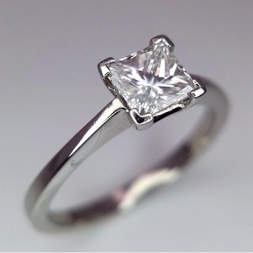 277 - A SQUARE DIAMOND SOLITAIRE RING SET IN PLATINUM , WITH TOP QUALITY DIAMOND .   4.1gms   size N   070... 