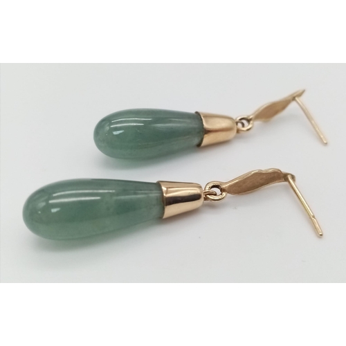 537 - A Pair of 14K Yellow Gold Jade Teardrop Articulated Earrings. No butterfly backs. 37mm length, 5.6g ... 