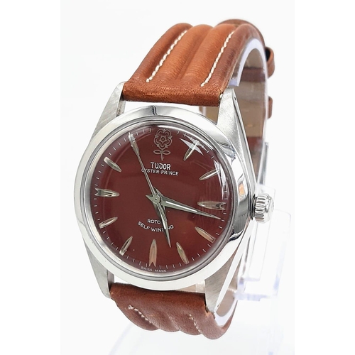 597 - A Tudor Oyster-Prince Rotor Self-Winding Gents Watch. Brown leather strap. Stainless steel case - 35... 