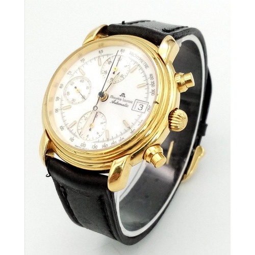 611 - A Maurice Lacroix Automatic Chronograph Gents Watch. Black leather strap. Two tone case - 38mm. Whit... 