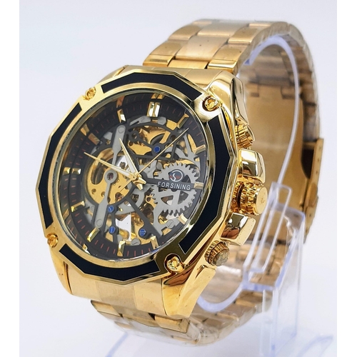 901 - An Unworn Men’s, Royal Oak Style, Gold Tone, Skeleton Front and Back Automatic Watch by Forsinning. ... 