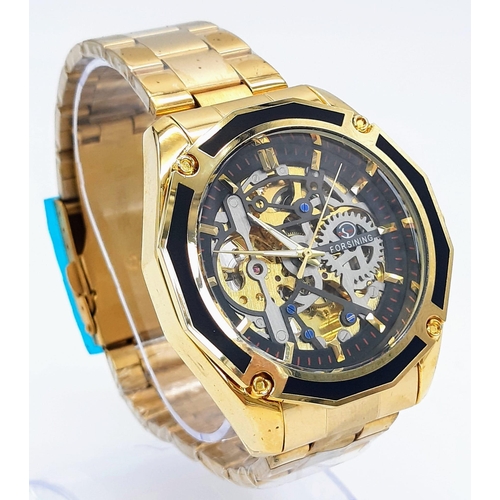 901 - An Unworn Men’s, Royal Oak Style, Gold Tone, Skeleton Front and Back Automatic Watch by Forsinning. ... 