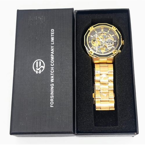 901 - An Unworn Men’s, Royal Oak Style, Gold Tone, Skeleton Front and Back Automatic Watch by Forsinning. ... 