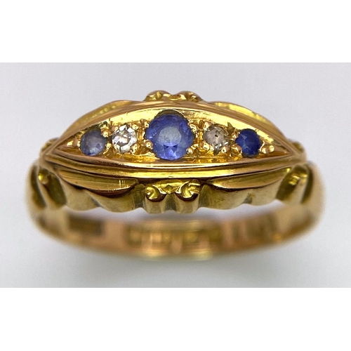 15 - An Antique, Regal 18K Yellow Gold, Diamond and Sapphire Ring. Hallmarks for 1918. Size O. 2.82g tota... 